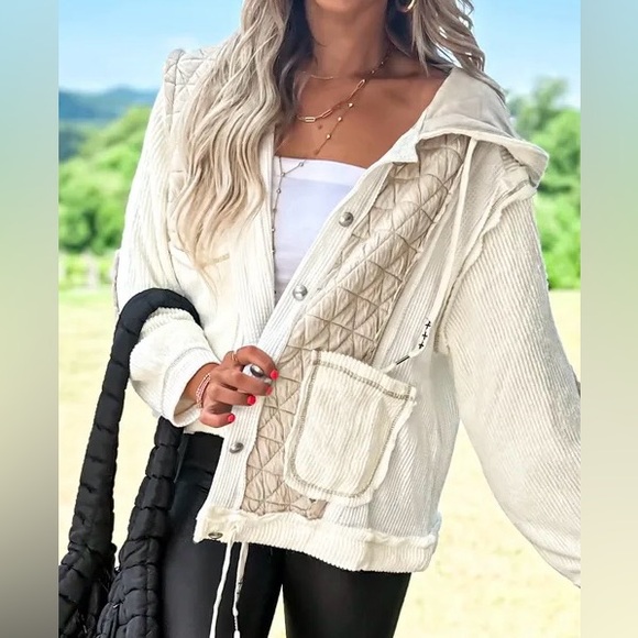 NWT POL Mixed Media Thermal Waffle Knit Quilted Hoodie Shacket Cream Jacket - Picture 5 of 6